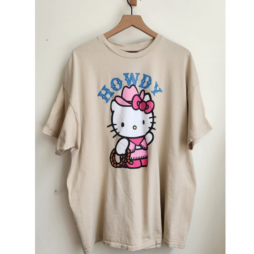Sanrio Hello Kitty Howdy Graphic T-Shirt Womens 2X Beige Crewneck 90s Rodeo Y2K